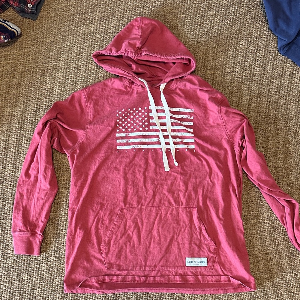 Life Is Good Men's Pink Hoodie with Flag Design